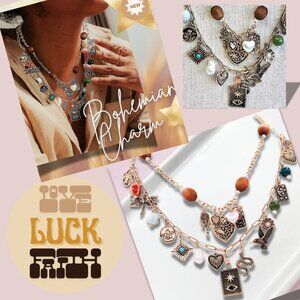 Love Luck + Faith Guardian Angel Heart Evil Eye Wood Beaded Charm Layer Necklace